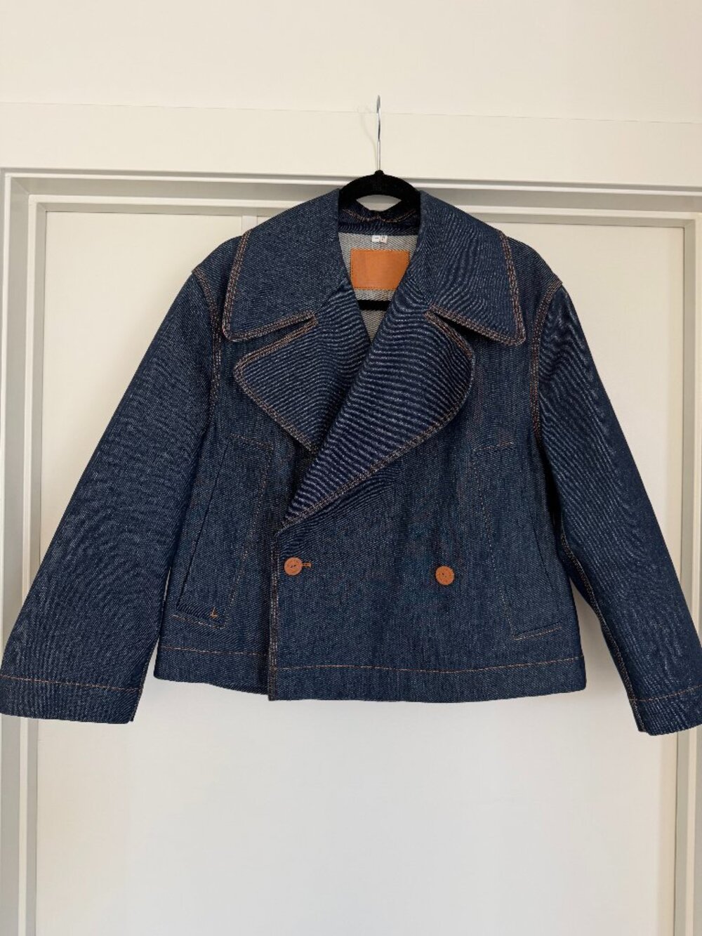 Lafayette 148 NY Indigo Denim Double Breasted Blazer Orange Stitching Lambskin